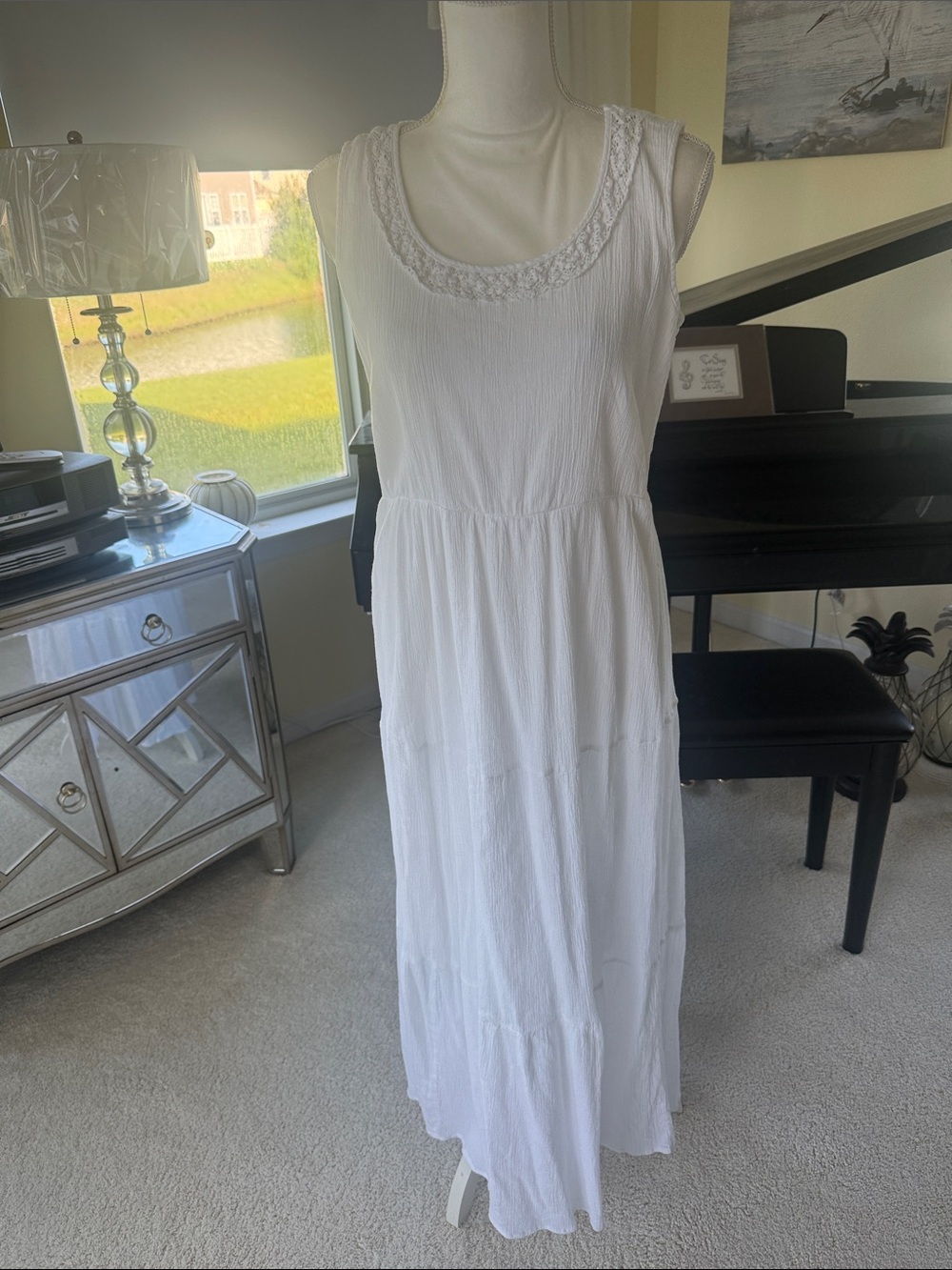 Choices white cotton maxi dress scoop neck gauze tiered  euro summer women